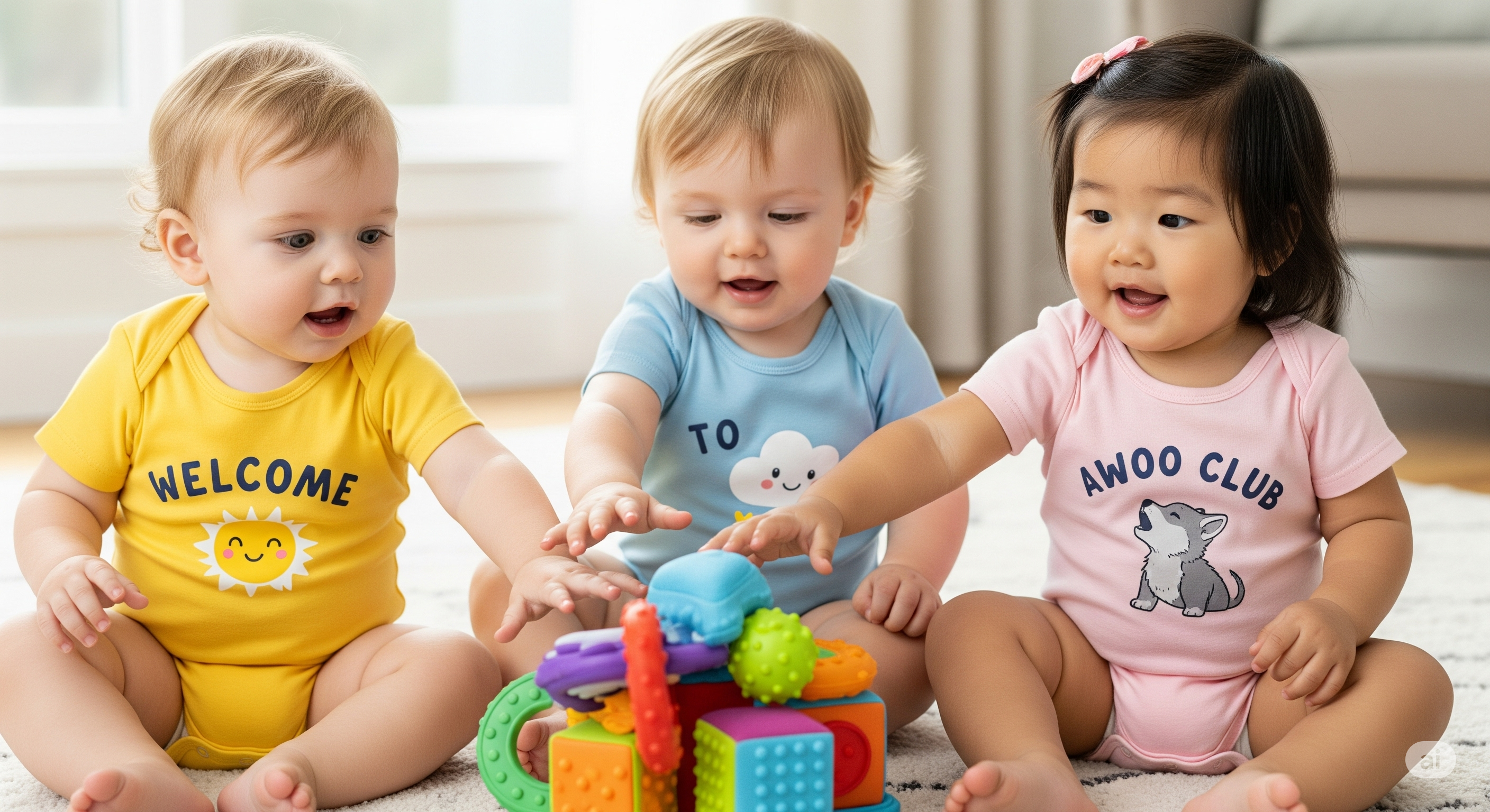 Three toddlers playing with colorful blocks on a light-colored floor.