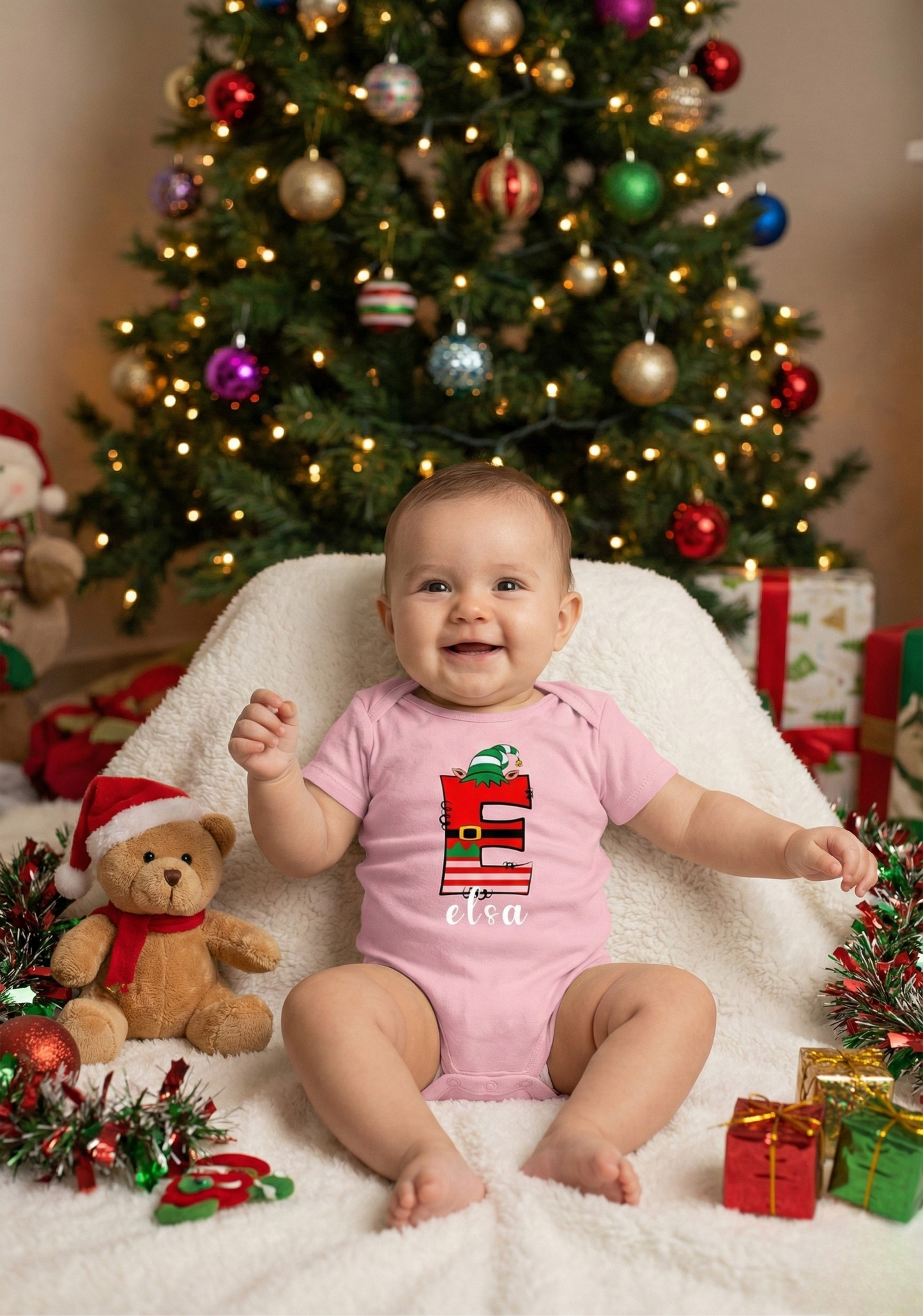 Christmas Elf Initial Baby Onesie